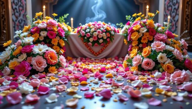 Flowers draped over the altar in flowing arrangements, petals forming patterns that highlight its sacred and ceremonial purpose, no people, no animals. photo
