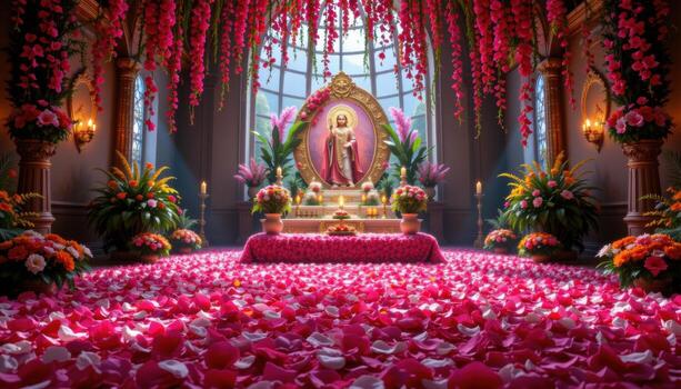 The altar enveloped in vibrant blooms, petals forming intricate patterns that create a visually stunning and peaceful sacred environment, no people, no animals. photo