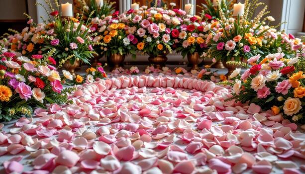 Fresh blooms enveloping the altar, petals forming intricate patterns to create a harmonious, visually stunning, and sacred display, no people, no animals. photo