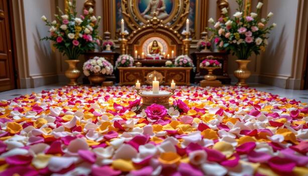 The altar enveloped in fresh blooms, petals arranged elegantly to form harmonious patterns and enhance the sacred ambiance, no people, no animals. photo