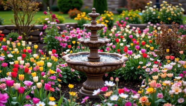 A rustic stone fountain with multiple bowls, standing amidst a lush array of tulips, roses, and daisies, water cascading gently, no people, no animals. photo
