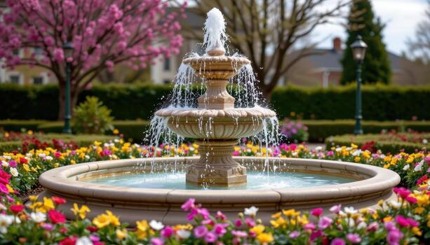 A multi level fountain with ornate stone carvings, surrounded by colorful spring flowers. photo