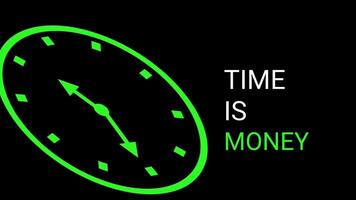 2D animation of a green outline clock with rapidly spinning hands. The white text 'Time Is Money' is displayed on a black background. Minimalist flat design in a seamless loop. video