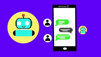 animering av en användare chattar med en robot chatbot på en smartphone. färgrik, platt tecknad serie grafisk på en lila bakgrund. video