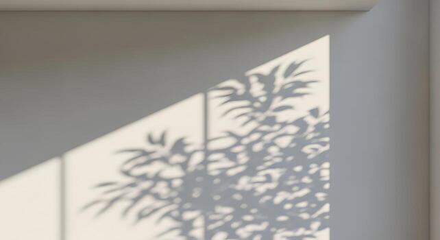 Sunlight casts intricate tree shadow patterns on a pale wall creating a tranquil natural abstract scene. photo