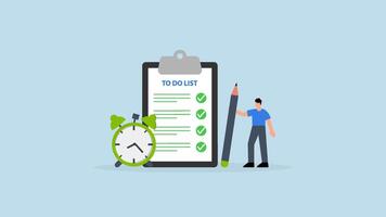 a hacer lista, eficiente empresario con bloc y tarea lista portapapeles acompañado por Temporizador, video