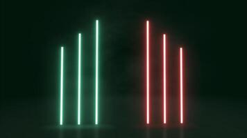 dinâmico néon luz exibição com alternando verde e vermelho vertical feixes em Preto pano de fundo video