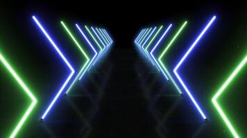 abstrato néon corredor com brilhando azul e verde Setas; flechas, futurista Projeto video