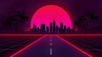 néon horizonte jornada, estilizado retro futurista synthwave panorama com Palma árvores e cidade Horizonte video