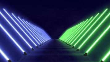 dinâmico túnel do fluorescente verde e azul luz feixes dentro uma moderno geométrico Projeto video