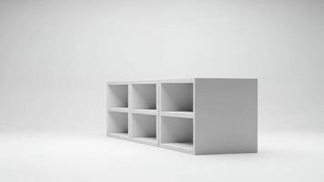 uma minimalista branco prateleiras unidade montagem dentro uma limpar \ limpo estúdio meio Ambiente exibição video