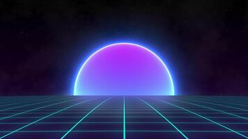retro futurismo animação com brilhando rede e Sol dentro uma synthwave estilo video