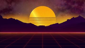 synthwave panorama movimento fundo apresentando pôr do sol sobre montanhas e rede padronizar video