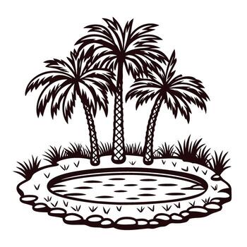 Sketch of tropical oasis with palm trees and pond surrounded by grass and rocks on white background vector
