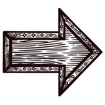 Rustic hand drawn right arrow with wood texture and geometric patterns in black and white illustration vector