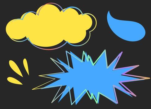 Comic explosion shapes with blue and yellow clouds and speech elements on dark background. Pop art burst style for retro design themes. vector