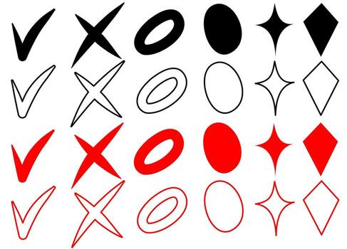 Set of geometric and hand-drawn marks with X, O, check, and diamond icons in red and black. Simple graphic symbol collection for design use. vector