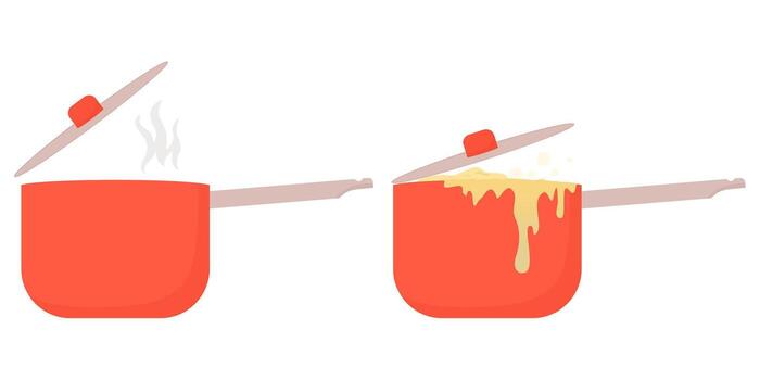 Illustration of two red saucepans with open lids, one steaming and the other overflowing with boiling liquid. Clean flat style suitable for cooking, recipes, and kitchen graphics. vector