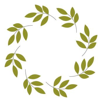 Flat style illustration of a round frame made of green leafy branches, ideal for natural designs, invitations, and botanical decor on a white background vector