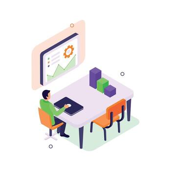 Person analyzing data at a desk vector