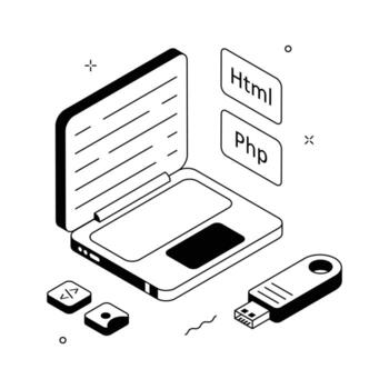 Modern isometric illustration of laptop and USB showing programming education. vector