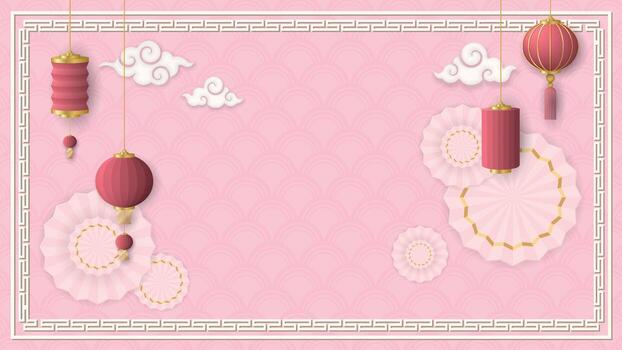 Pink lanterns and clouds decorative background vector