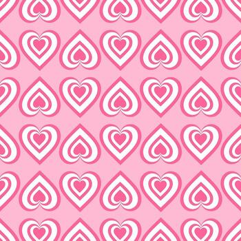 Seamless pattern of pink and white heart shapes with concentric lines. Ideal for romantic themes such as Valentine's Day, invitation cards, backgrounds, packaging, or fabric patterns. vector
