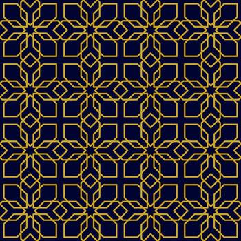 Seamless Islamic geometric pattern consisting of interlocking golden lines on a dark blue background. Suitable for various creative projects or decorative elements. vector