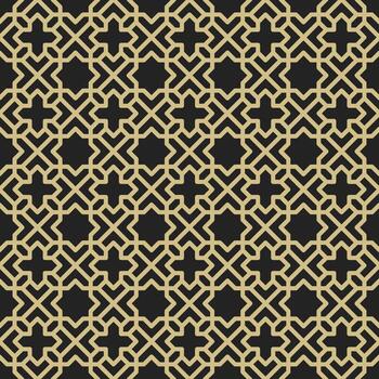 Seamless Islamic pattern consisting of interlocking and crossing golden lines on a matte black background. Suitable for various creative projects or decorative elements. vector
