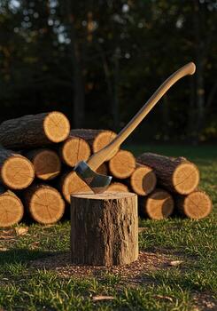 Woodcutting Axe Embedded in Tree Stump with Stacked Logs in Forest Setting photo