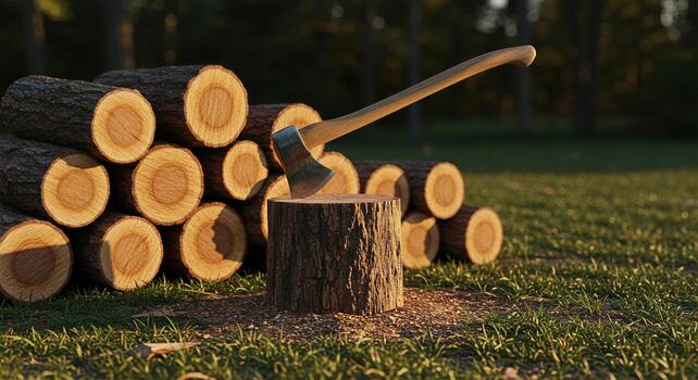 Freshly Chopped Logs with Axe on Stump in Autumn Woodland Scene photo