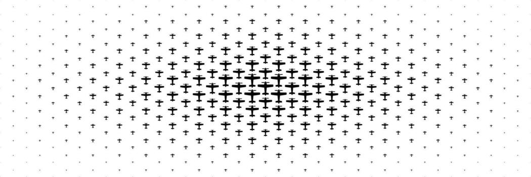 horizontal halftone of black propeller classic airplane spread from center design for pattern and background. vector