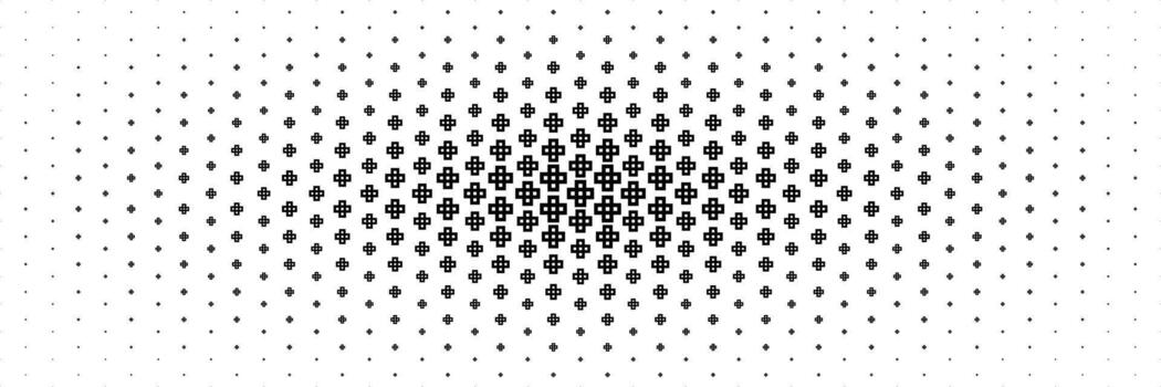 horizontal halftone of black outline cross or plus spread from center background. vector