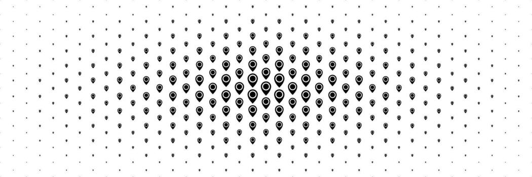 horizontal black halftone of map and location pointer spread from center for pattern and background. vector