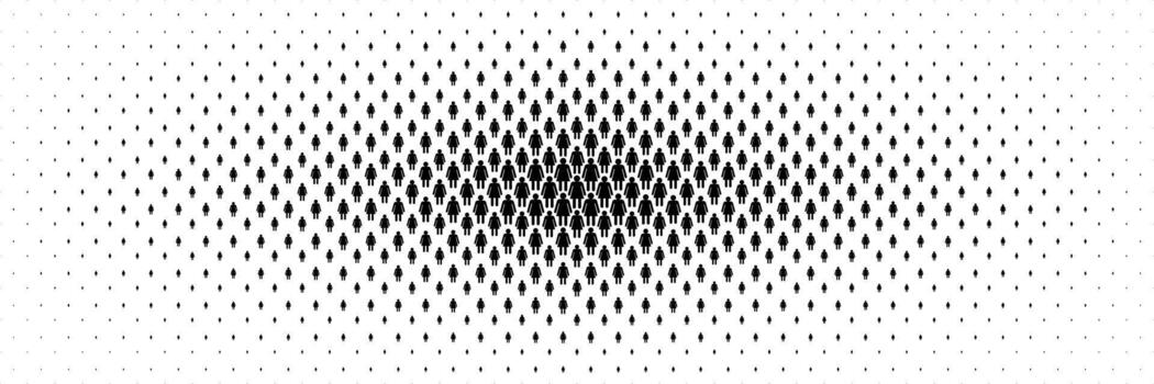 horizontal black halftone of woman icon spreading from center on white for pattern and background. vector