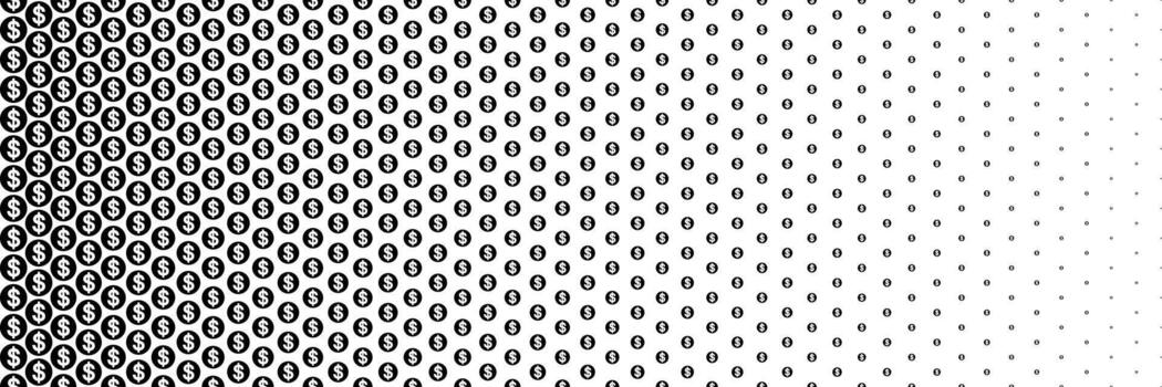 horizontal black halftone of dollar currency sign coin design for pattern and background. vector