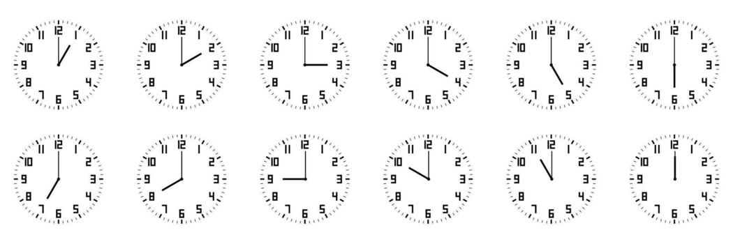 horizontal set of analog clock icon with number notifying each hour isolated on white. vector