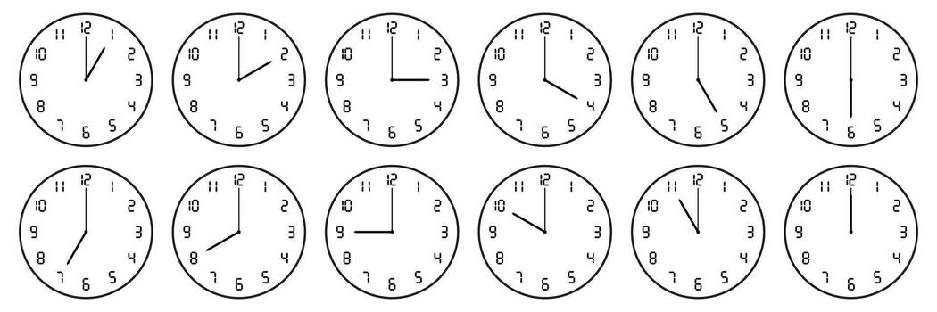 horizontal set of analog clock with digital number icon notifying each hour isolated on white, illustration. vector