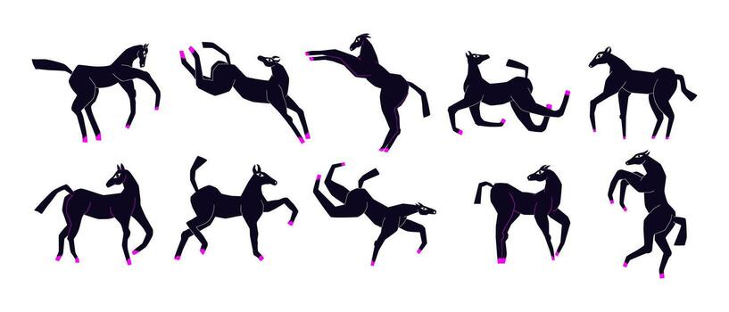 Stylish hand drawn featuring playful cartoon horses in various dynamic poses. Modern groovy design, bright accent detail, and expressive character movement. illustration for stickers, pattern. vector