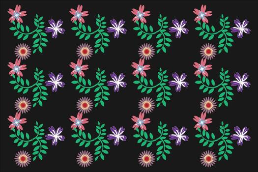 Vibrant floral pattern with repeating botanical motifs on dark background vector