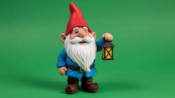 animado jardim gnomo segurando lanterna com caminhando pose em verde fundo video