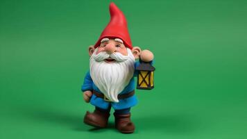 animado jardim gnomo estatueta marcha com uma lanterna contra verde tela fundo video