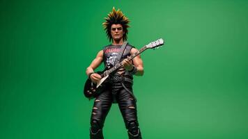 dinâmico punk Rocha guitarrista realizando com energia em vibrante verde tela para música cena video