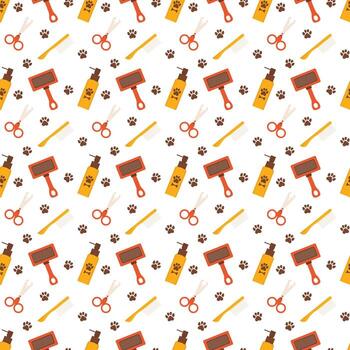 mascota aseo sin costura modelo con impermeable cepillar, champú botella, tijeras, peine, pata huellas dactilares para textiles. vector