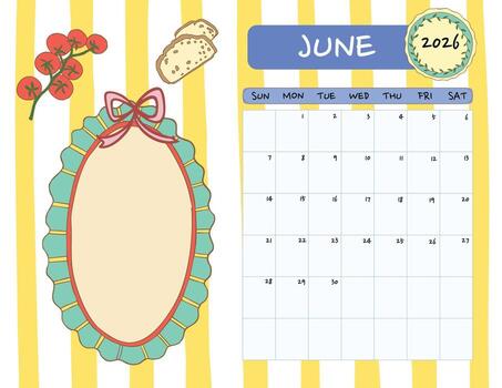 junio 2026 calendario con linda Nota marco en amarillo raya antecedentes coqueta estilo vector
