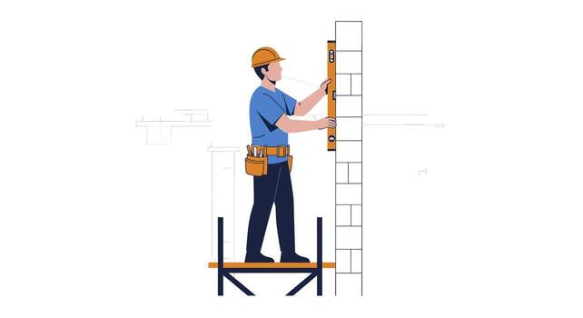 Construction worker on scaffolding using a spirit level tool. vector