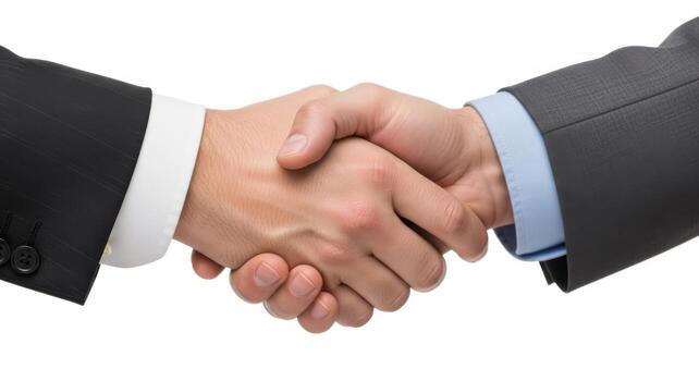 Two business professionals in suits shaking hands signifying agreement and partnership collaboration photo