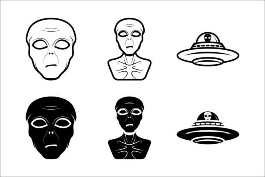 extraterrestre icono colocar. un conjunto de minimalista negro y blanco ilustraciones presentando extraterrestre cabezas y OVNI naves espaciales limpiar y sencillo diseños Perfecto para iconos, logotipos, o gráficos. vector