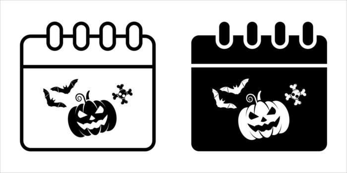 Calendar icon set. Minimalist Halloween calendar icon with a smiling pumpkin, bats, and bone illustration, presented in both outline and filled black and white versions for festive design elements. vector