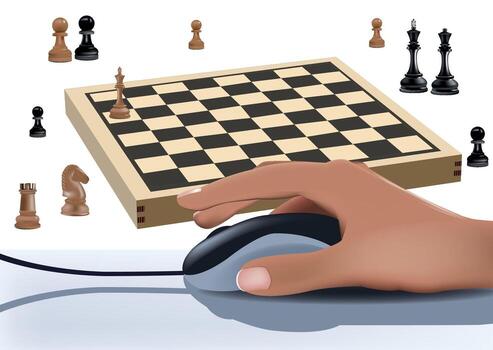 mano utilizando computadora ratón jugando en línea ajedrez juego vector
